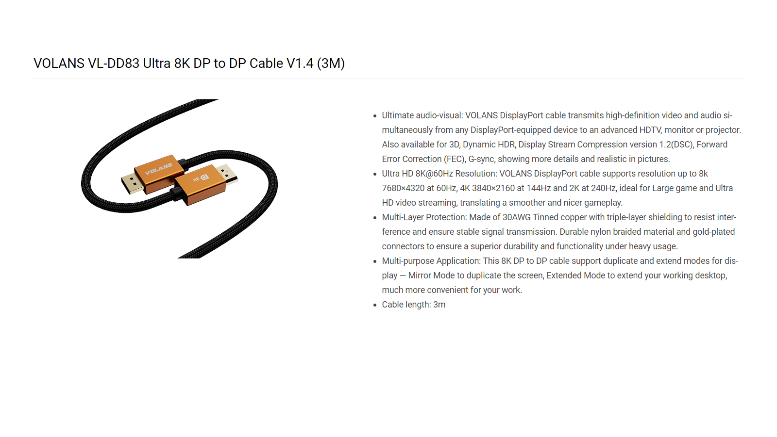 A large marketing image providing additional information about the product Volans Ultra 8K DP to DP Cable V1.4 - 3m - Additional alt info not provided